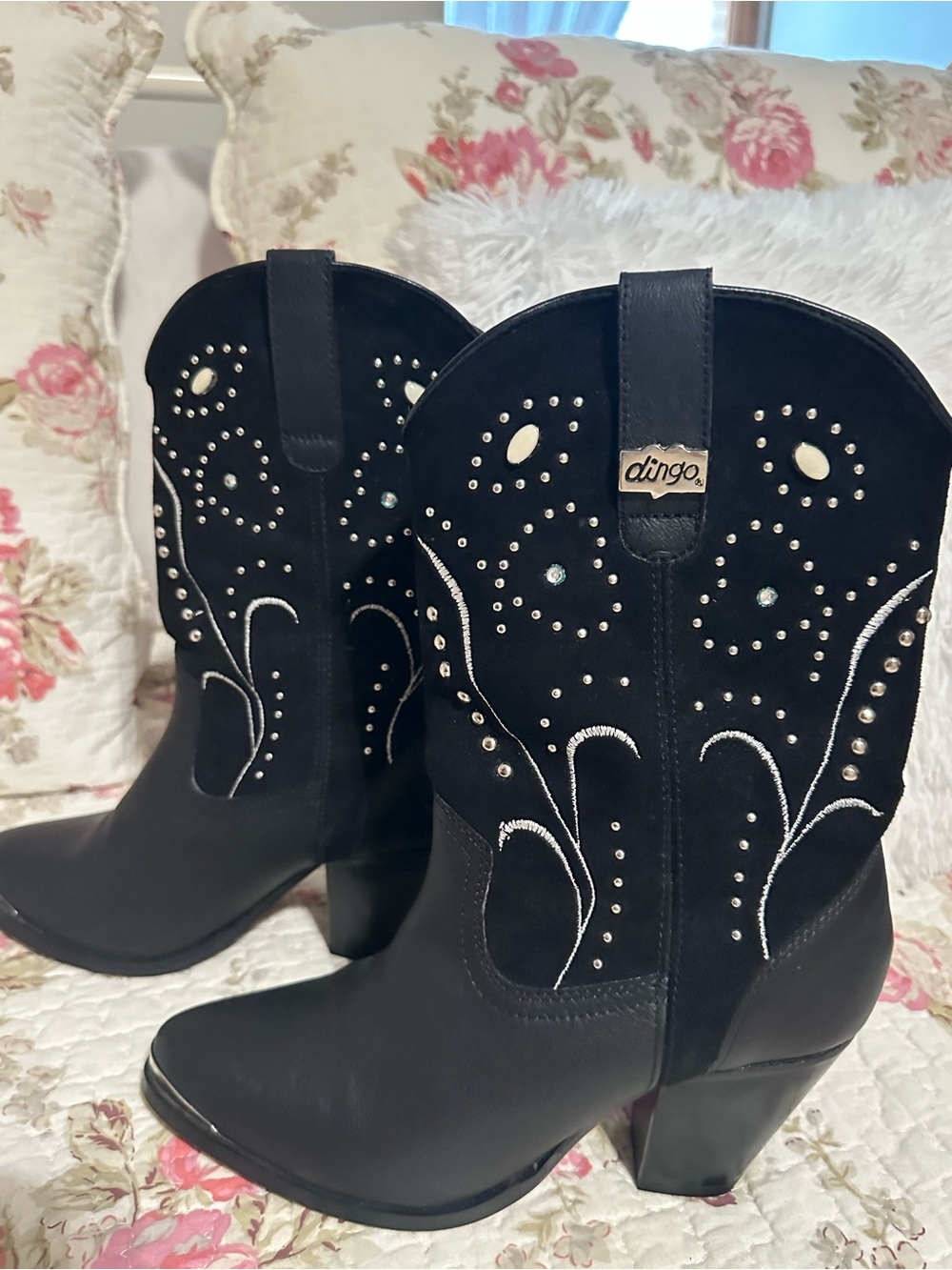 dingo Black Western Studded Mid-Calf Heeled Boots